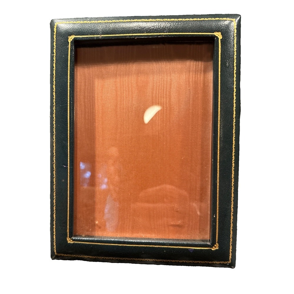 VTG Dark Green Leather Gold Tooled Picture Frame Peach Moire Easel Back 5x7